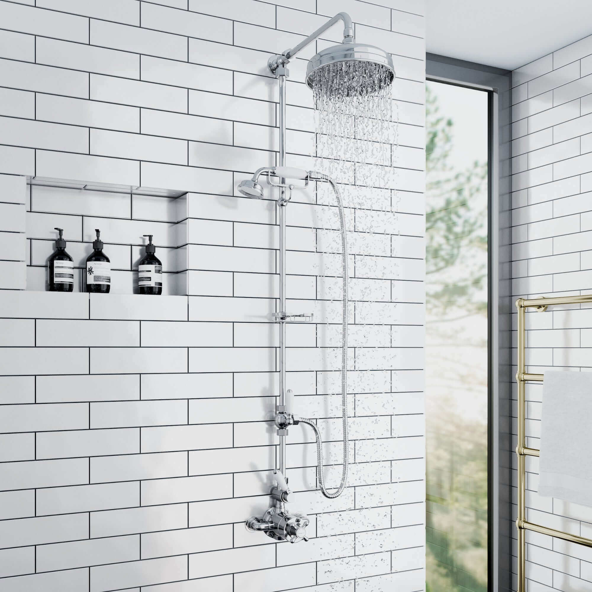 Buy Downton Exposed Traditional Thermostatic Shower Set 2 Outlet Incl. Twin Shower Valve With Diverter, Rigid Riser Rail, 200mm Shower Head, Telephone Style Ceramic Handset & Caddy - Chrome Online UK | HOUSE OF ENKI